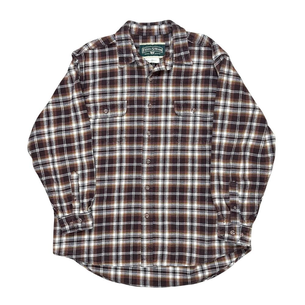 Vtg Field & Stream Flannel Shirt Mens XL Brown Plaid Button Down